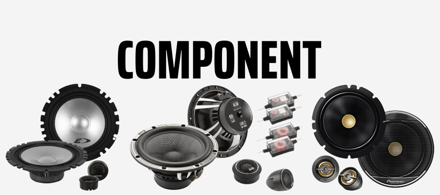 Blam, Alpine, and Pioneer component car speakers including 4 inch, 5 inch, and 6.5 inch models displayed with separate tweeters and crossovers