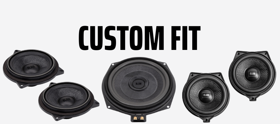 Custom fit car speakers for BMW, Tesla, Mercedes, and Mini with OEM-style design and upgraded audio components displayed.