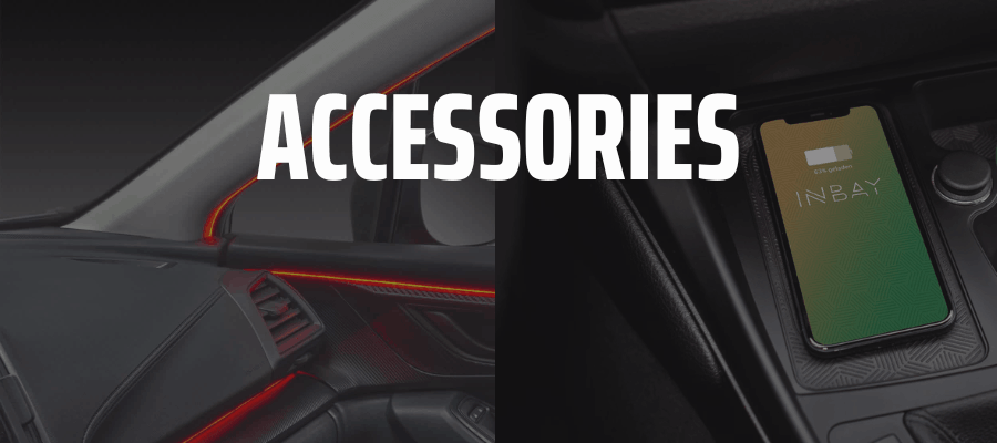 Car accessories including Inbay wireless charging, Scosche phone mounts, Heise LED ambient lighting and Noco jump starters