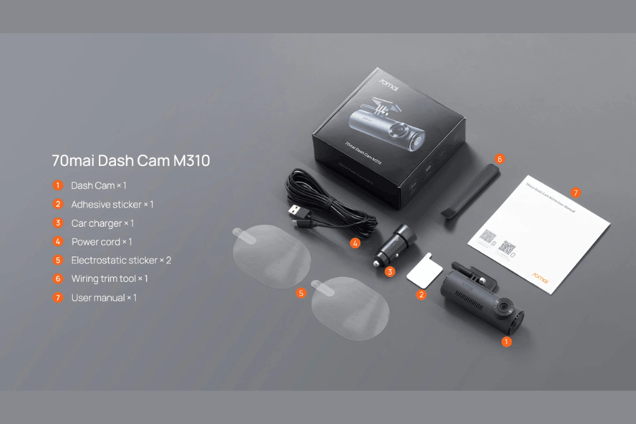 70mai M310 dash cam box contents and supplied accessories