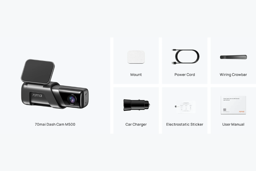 70mai M500 dash cam box contents and supplied accessories