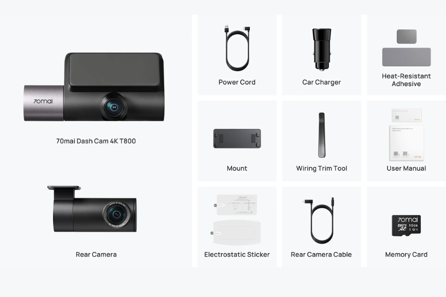 70mai T800 triple-channel dash cam set with 4K rear camera and accessories