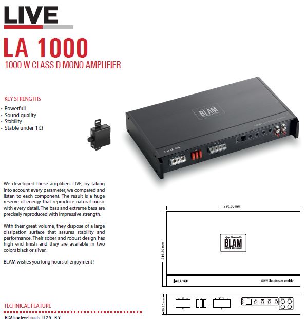 BLAM LIVE LA1000 1000W Class D Monoblock amplifier (SPECIAL ORDER PRODUCT)  - InCarTec