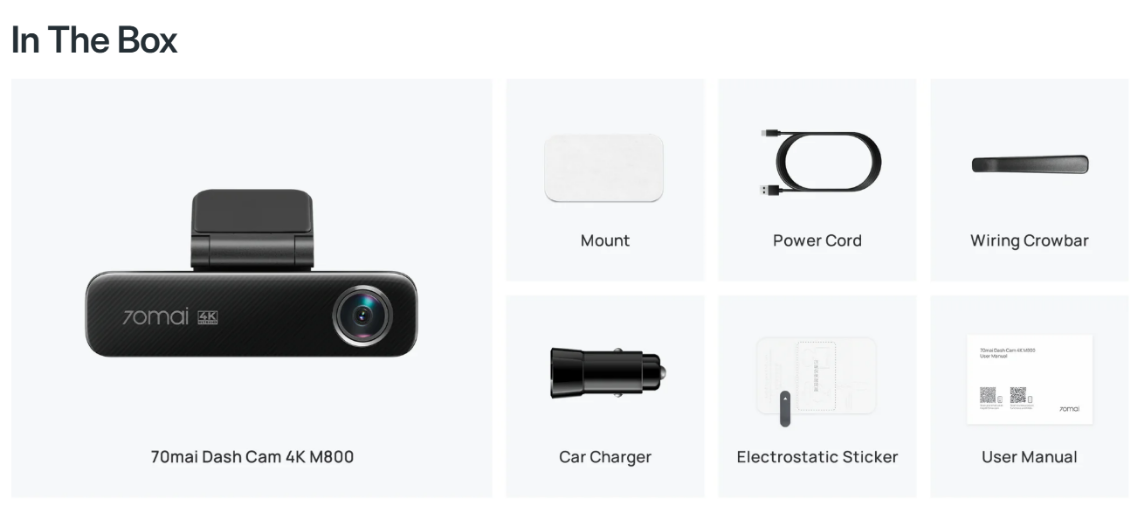 70mai M800 4K front and rear dash cam box contents and accessories