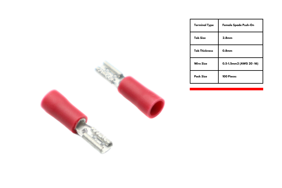 Red Female 2.8mm push-on terminal for 0.8mm tab width (Pack of 100)