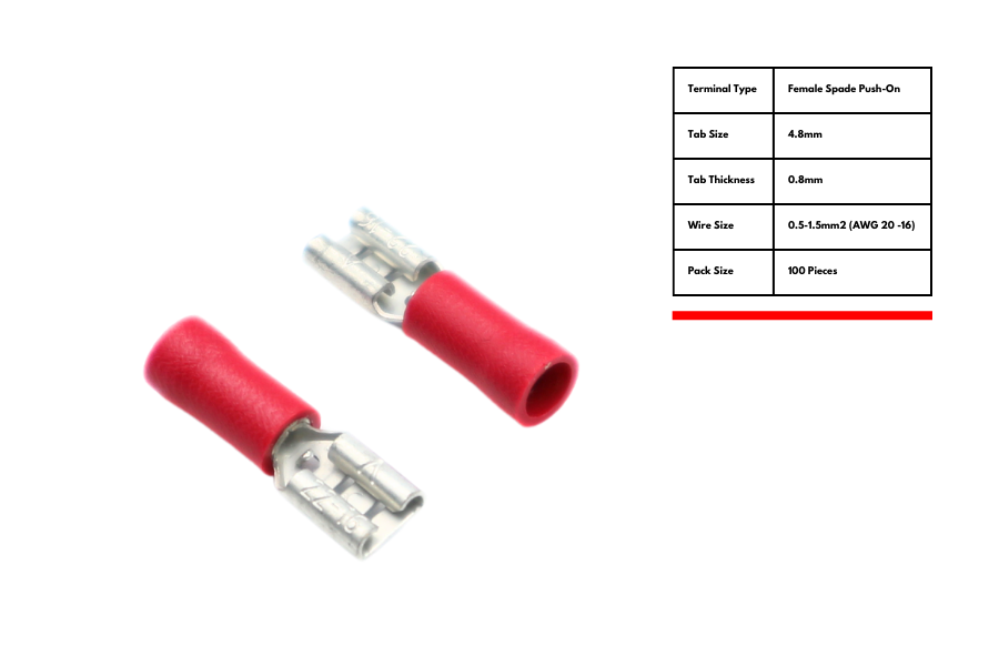 Red Female 4.8mm push-on terminal for 0.8mm tab width (Pack of 100)