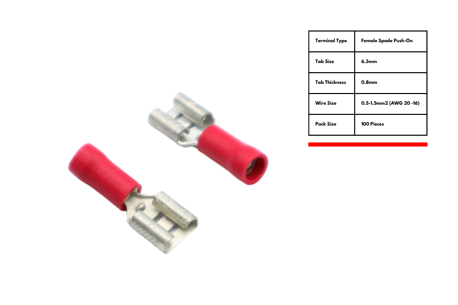Red Female 6.3mm push-on terminal for 0.8mm tab width (Pack of 100)
