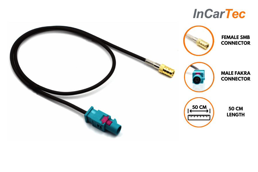 Male Fakra to female SMB DAB antenna adapter cable (50cm)