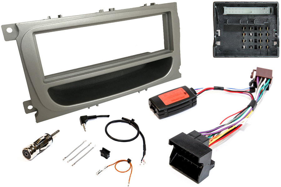 Ford Single DIN stereo upgrade fitting kit (OVAL SHAPE - SILVER) with Steering wheel controls