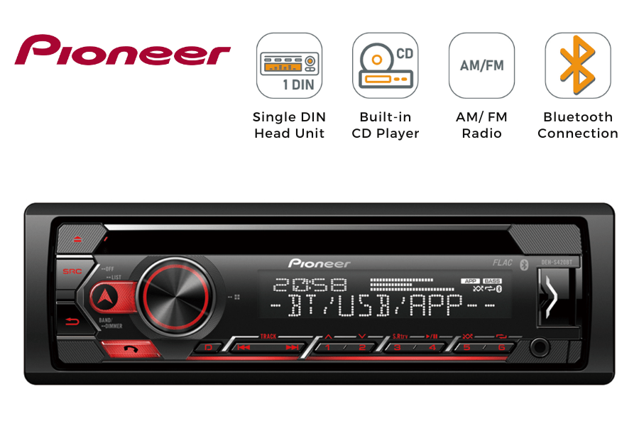 Pioneer DEH-S420BT Single Din Car Stereo Head Unit with CD, Bluetooth, USB, AUX