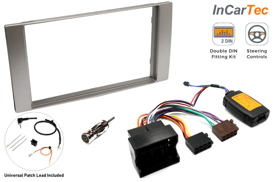 Ford (2002 Onwards) Double DIN car stereo upgrade fitting kit (WITH SWC/ SQUARE RADIO) SILVER