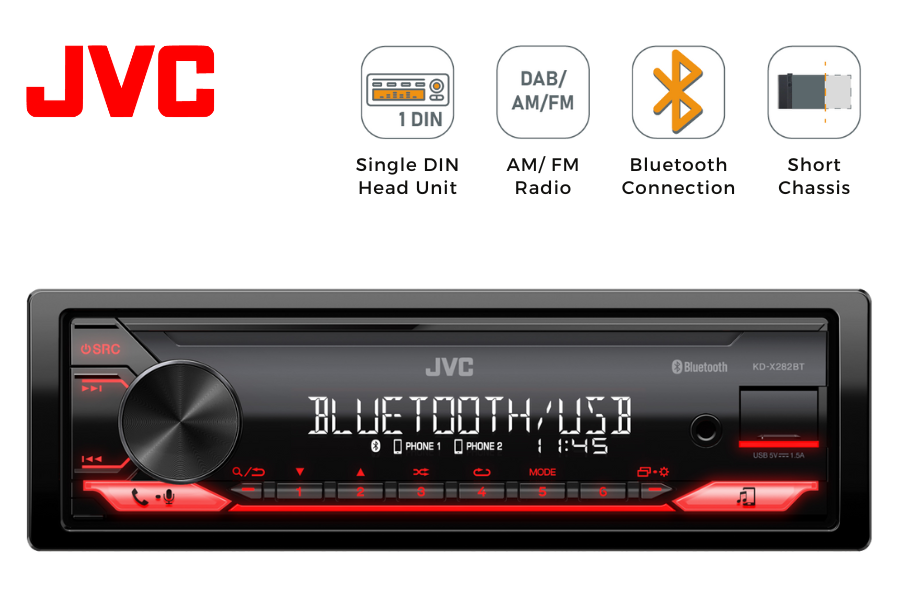 JVC KD-X282BT (Mechless) Single DIN car stereo head unit with Bluetooth and USB