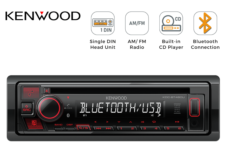 Kenwood KDC-BT460U Single DIN car stereo head unit with Bluetooth, CD and USB