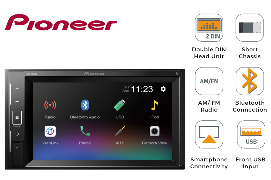 Pioneer DMH-A240BT (Short Chassis) Double DIN head unit with Bluetooth/ Smartphone connectivity
