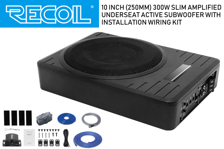 RECOIL 10-inch (250mm) 300W slim amplified under-seat vehicle subwoofer with installation wiring kit