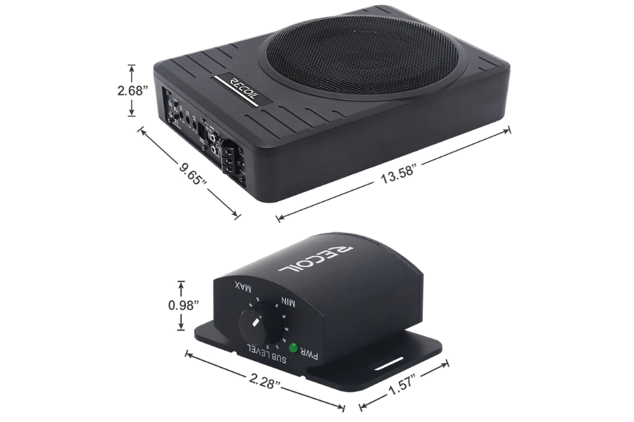 RECOIL 10inch (250mm) 300W slim amplified underseat vehicle subwoofer with installation wiring