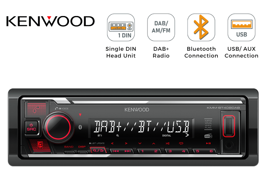 Kenwood KMM-BT408DAB Single Din car stereo head unit with DAB+, Bluetooth and USB/ AUX