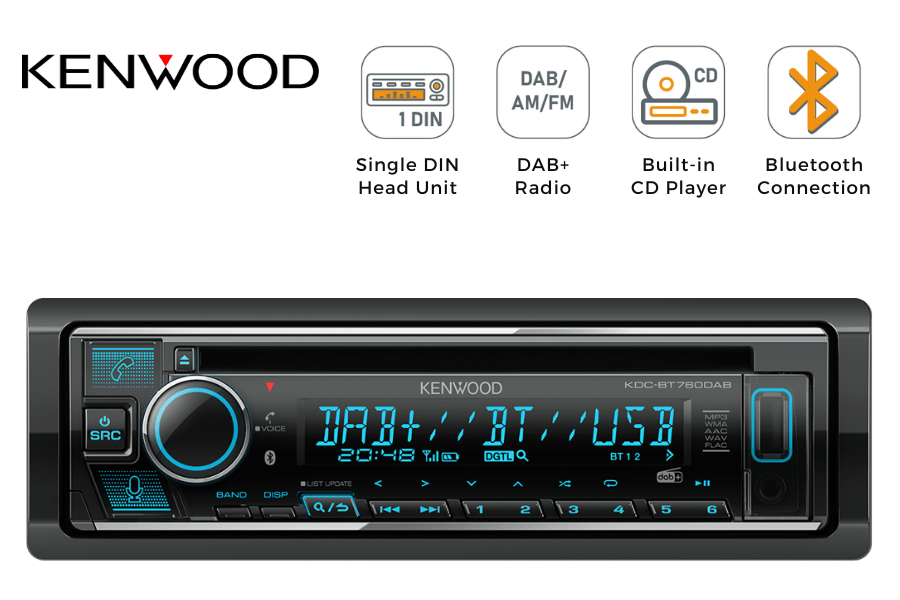 Kenwood KDC-BT760DAB Single Din car stereo head unit with CD, DAB+, Bluetooth and USB/ AUX