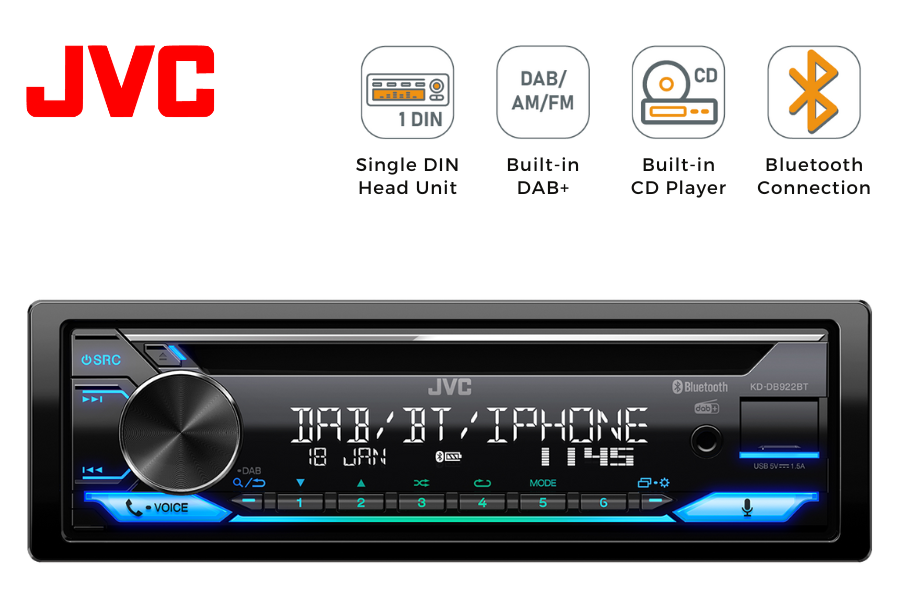 JVC KD-DB922BT Single DIN car stereo head unit with CD, DAB+, Bluetooth and USB/ AUX