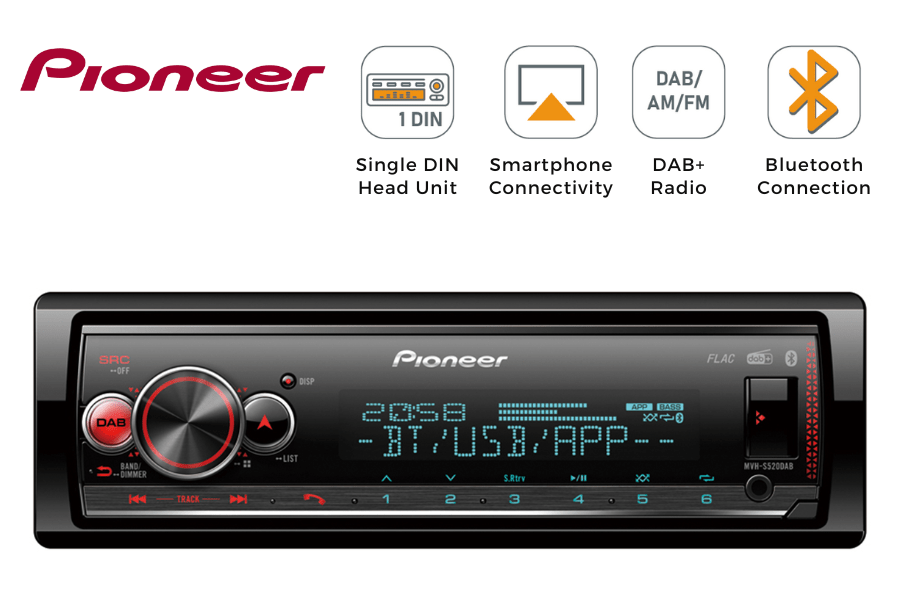 Pioneer MVH-S520DAB Single DIN car stereo head unit DAB, Bluetooth, Smartphone Connectivity, USB/AUX