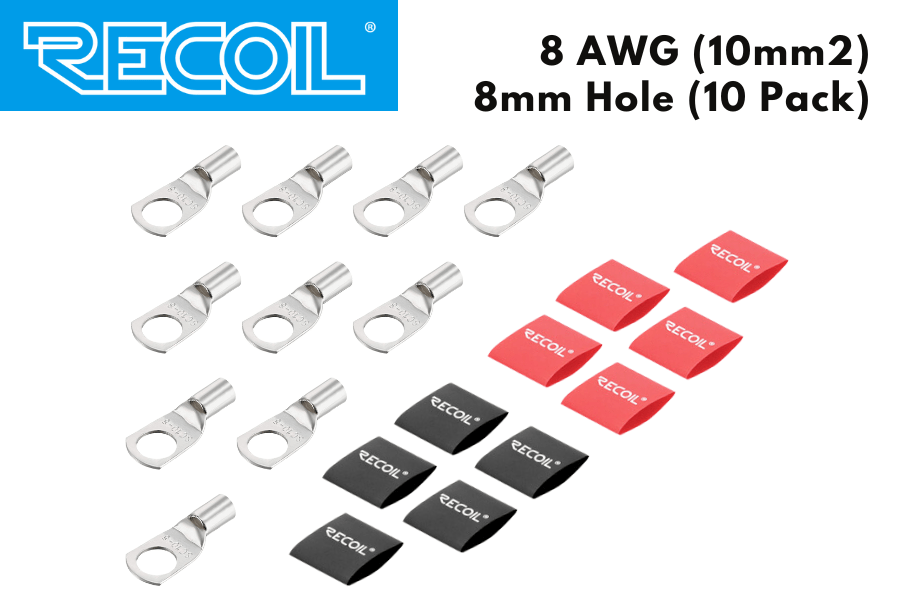 RECOIL 8 AWG (10mm2) ring terminals with red/black heat shrink (8mm HOLE) 10 PACK