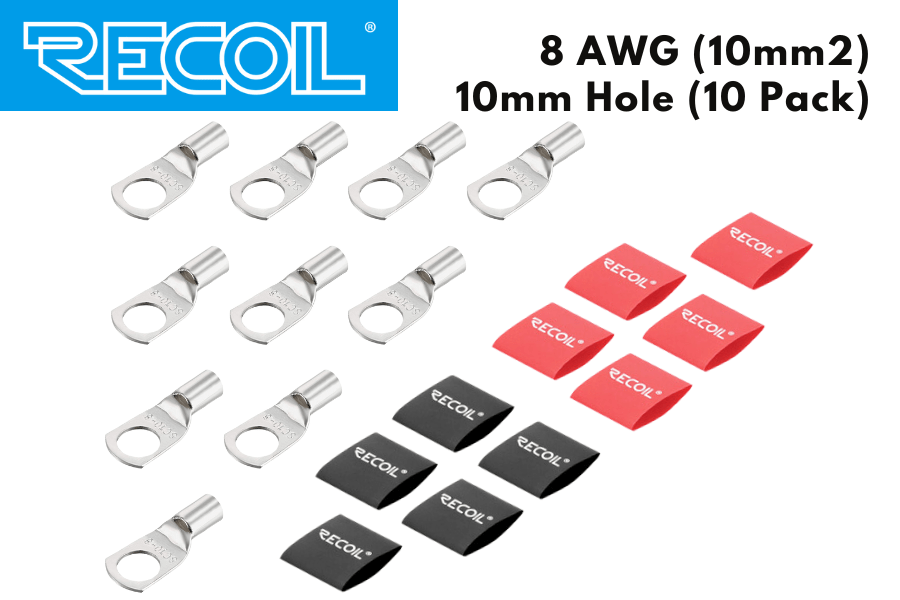 RECOIL 8 AWG (10mm2) ring terminals with red/black heat shrink (10mm HOLE) 10 PACK