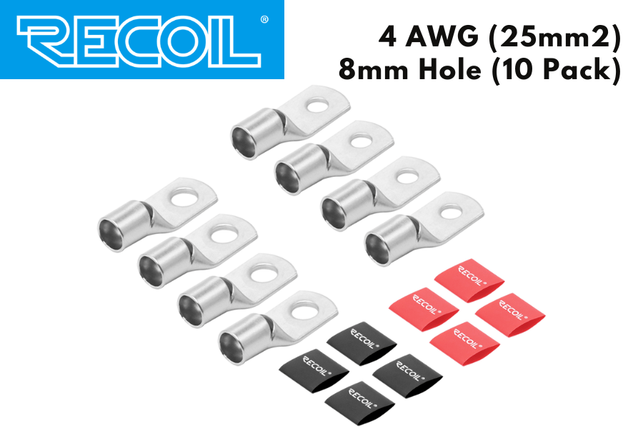 RECOIL 4 AWG (25mm2) ring terminals with red/black heat shrink (8mm HOLE) 10 PACK