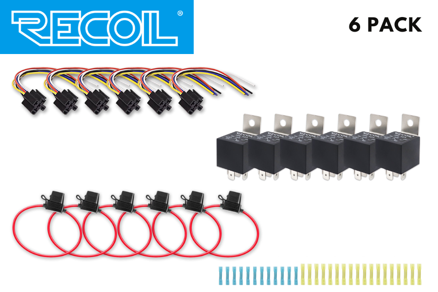 RECOIL 6 Pack Relay kit (5-pin 30/40A 12V SPDT relays with sockets and in-line ATC fuse holders)
