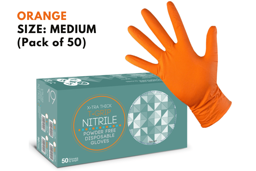 X-tra Thick T-Grip Nitrile (powder-free) disposable gloves Medium (50 Pack) ORANGE