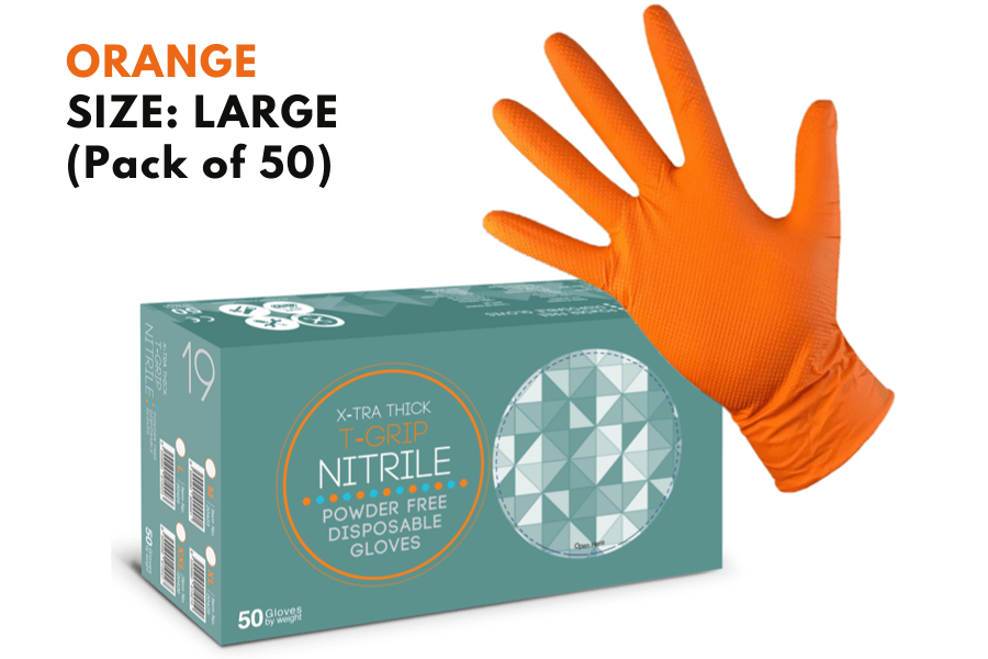 X-tra Thick T-Grip Nitrile (powder-free) disposable gloves Large (50 Pack) ORANGE
