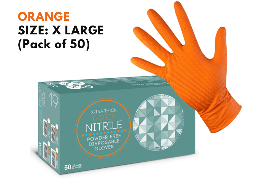 X-tra Thick T-Grip Nitrile (powder-free) disposable gloves Extra Large (50 Pack) ORANGE