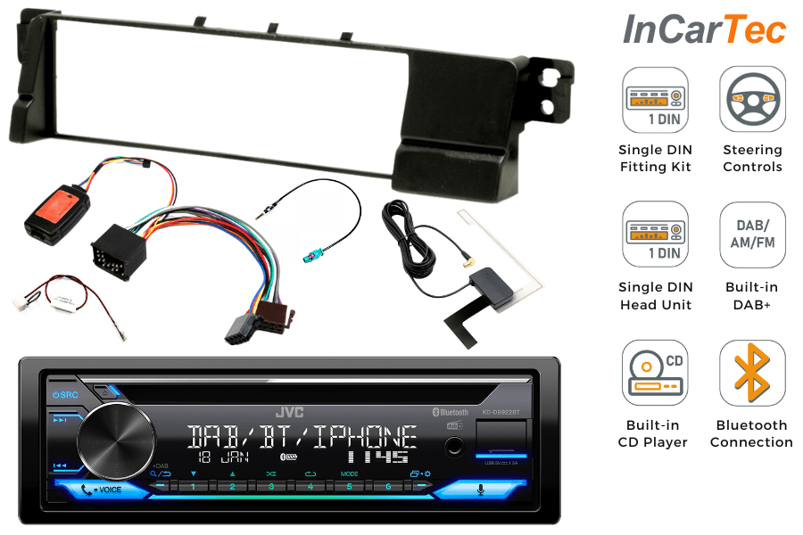 BMW 3-Series E46 car stereo fitting kit (WITH SWC) with JVC KD-DB922BT (CD/DAB/BLUETOOTH)