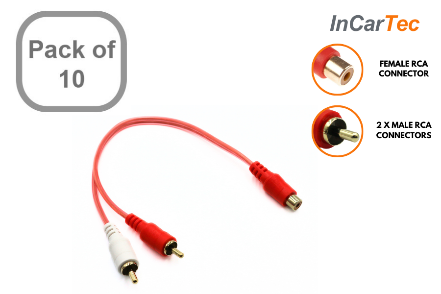 RCA female to 2 male RCA phono car stereo audio adapter Y-cable (10 PACK)