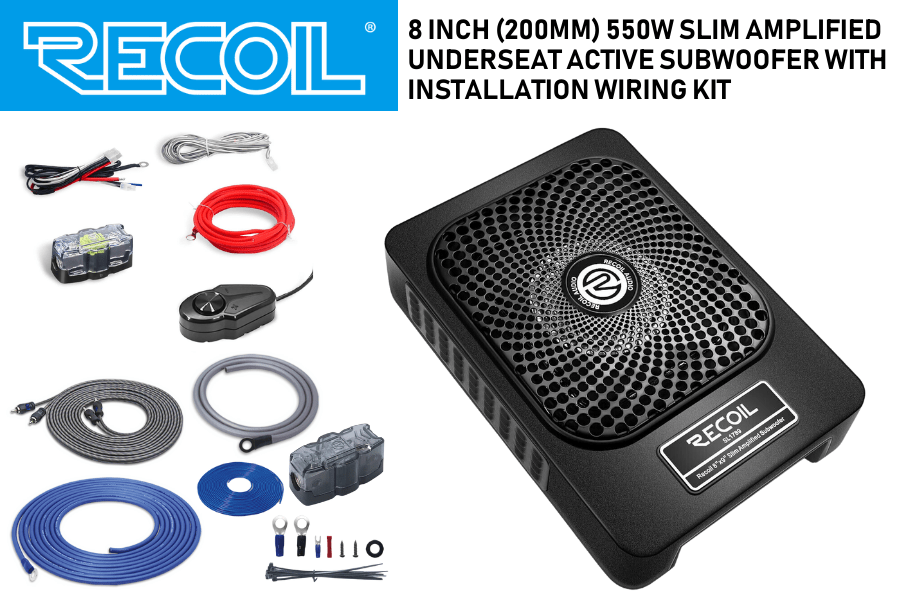 RECOIL SL1789 8-inch (200mm) 550W slim amplified under-seat subwoofer with installation wiring kit