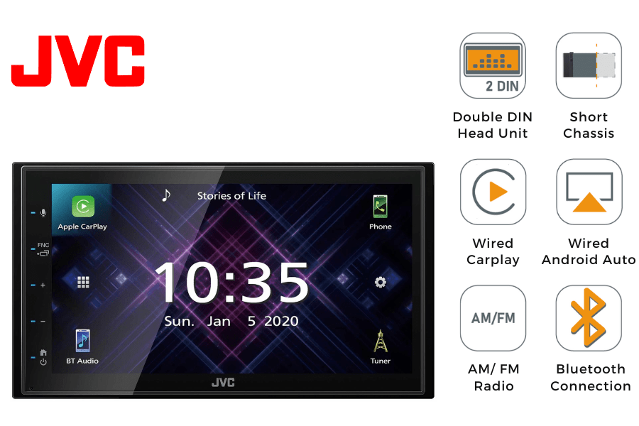 JVC KW-M560BT (Short Chassis) Double DIN stereo head unit (Wired Carplay/ Android, FM, Bluetooth)