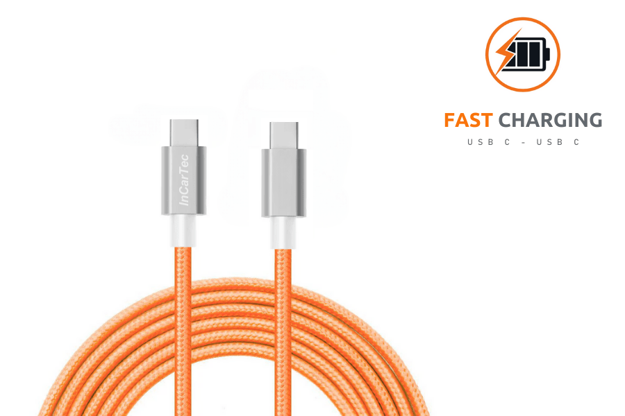 InCarTec Nylon braided USB C to USB C Fast charging and data cable (Orange - 1 Metre)