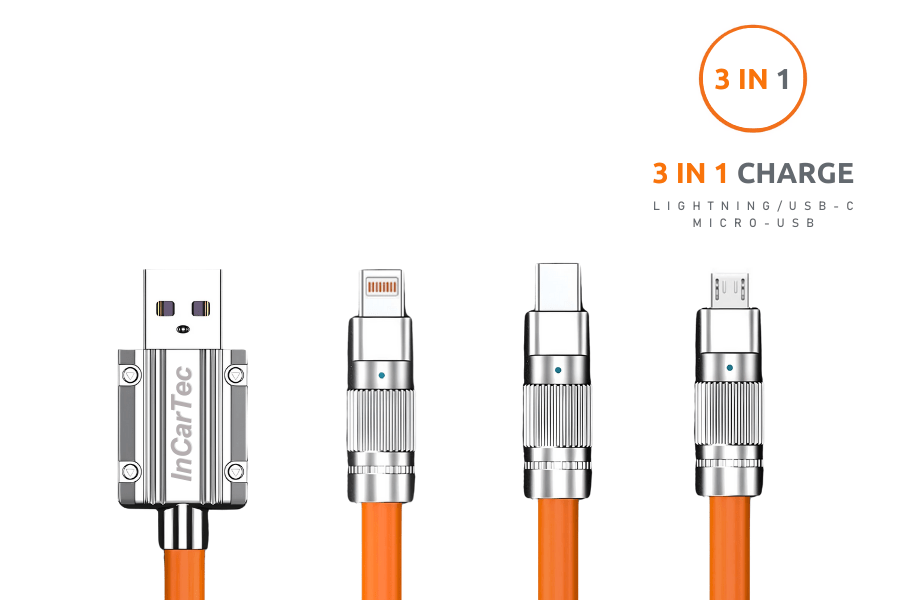 InCarTec 3 in 1 multi USB charging cable (USB A to lightning/ iphone/ Android/ USB C/ Micro USB)