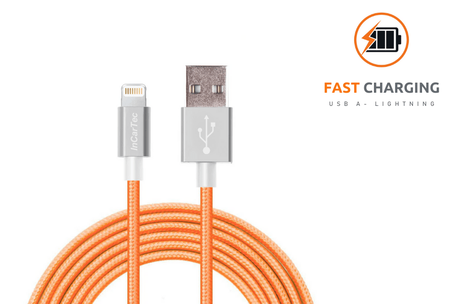 InCarTec Nylon braided USB A to Lightning Fast charging and data cable (Orange - 1 Metre)