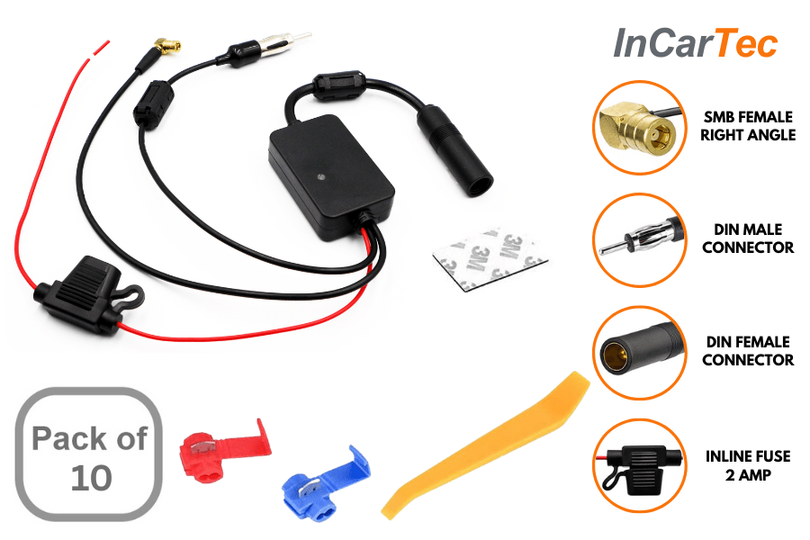 10 x DIN to DAB & FM Antenna Aerial Splitter – 12V Signal Amplifier & Adapter (Box Of 10)
