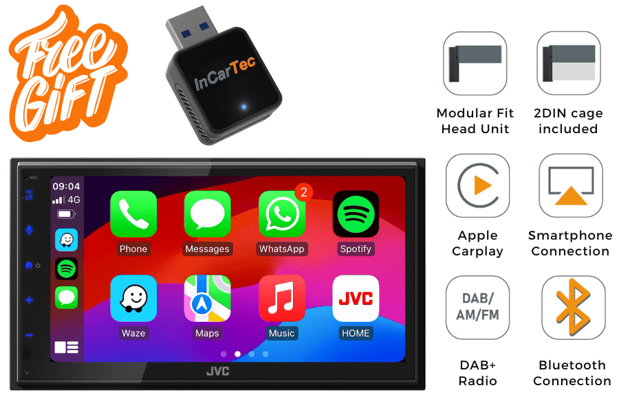 JVC KW-M595DBT Stereo + Free InCarTec Wired to Wireless Carplay/ Android Adapter | Retail Exclusive