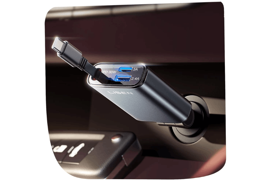 LISEN Retractable USB-C Car Charger 57W – Fast PD Charger with Built-in Cable