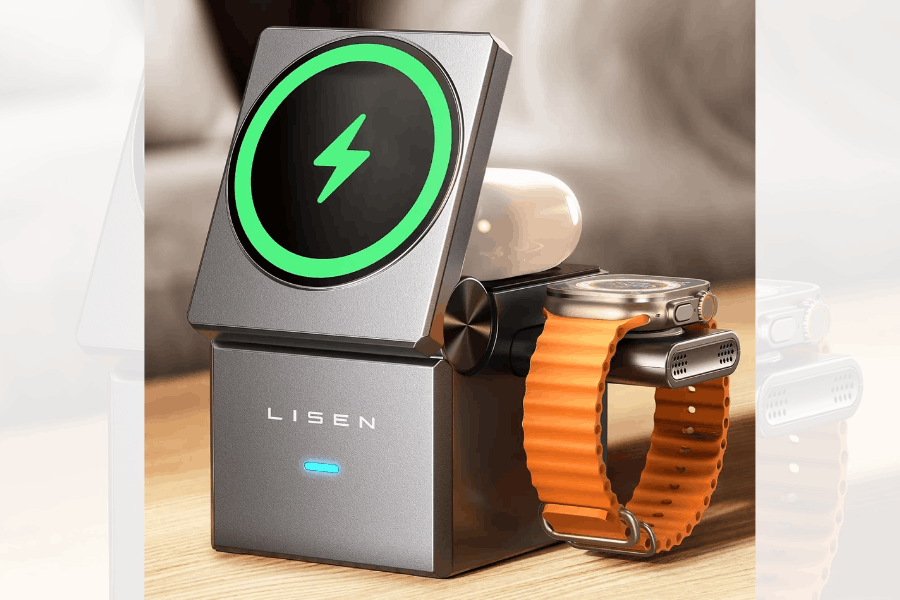 LISEN Qi2 3-in-1 Foldable MagSafe Charging Station – Wireless Charger for iPhone, Watch & AirPods