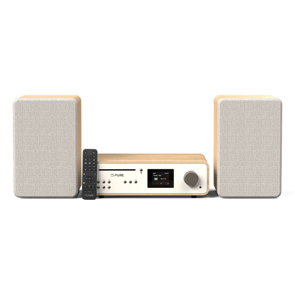 PURE Stereo Music System with Internet Radio, DAB+, FM, CD, Bluetooth and Phono Input  white/Oak