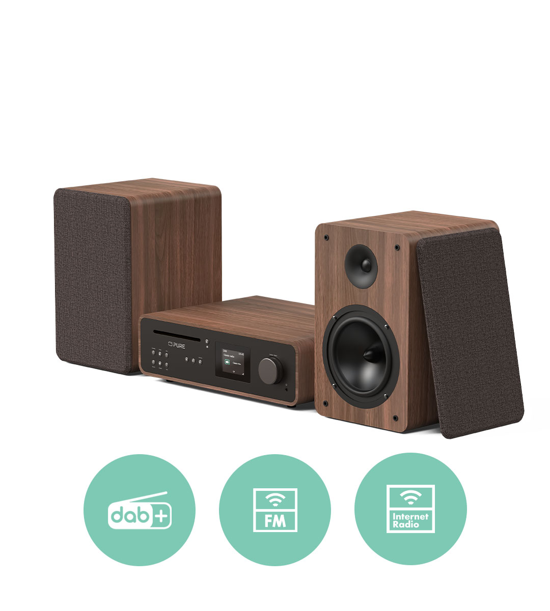 PURE Stereo Music System with Internet Radio, DAB+, FM, CD, Bluetooth and Phono Input Black/Walnut